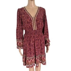 Lucky Brand Boho Floral Paisley Mini Dress M Cottage Western Peasant Smocked Red